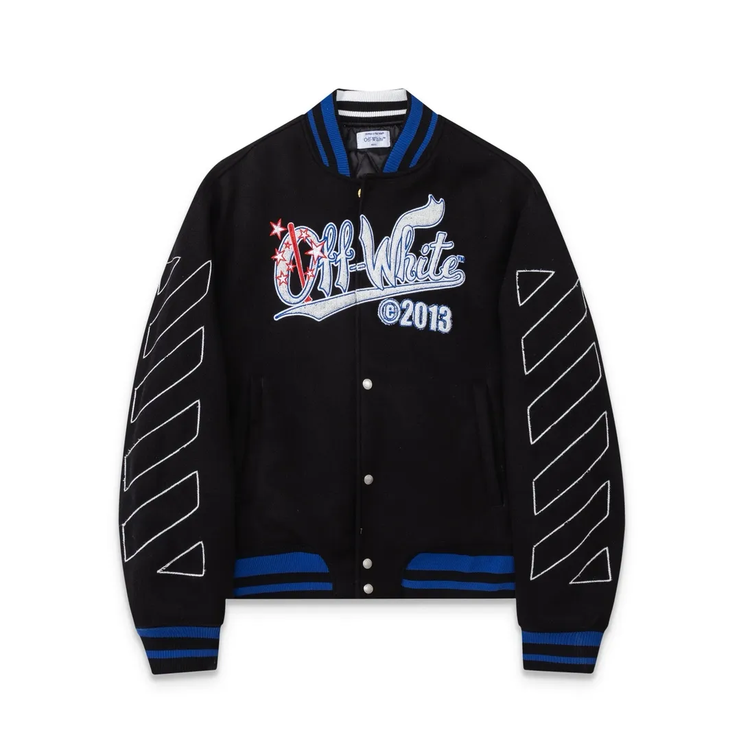 S67#P660, offwhite heavy-duty embroidered baseball cotton jacket. The body is made of woolen fabric. Couple's jacket. Black size: S M L XL